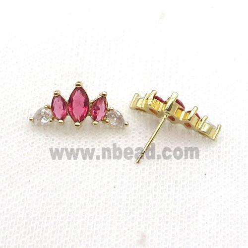 Copper Stud Earring Pave Red Zircon Crown Gold Plated