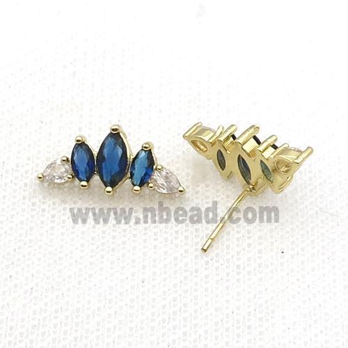 Copper Stud Earring Pave Blue Zircon Crown Gold Plated