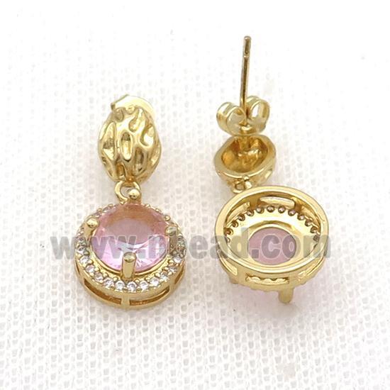 Copper Stud Earring Pave Zircon Pink Crystal Gold Plated