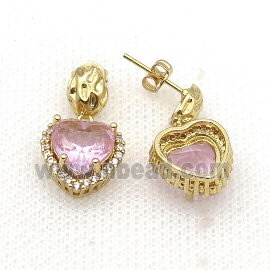 Copper Stud Earring Pave Zircon Pink Crystal Heart Gold Plated