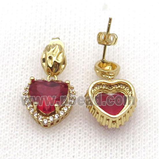 Copper Stud Earring Pave Zircon Red Crystal Heart Gold Plated
