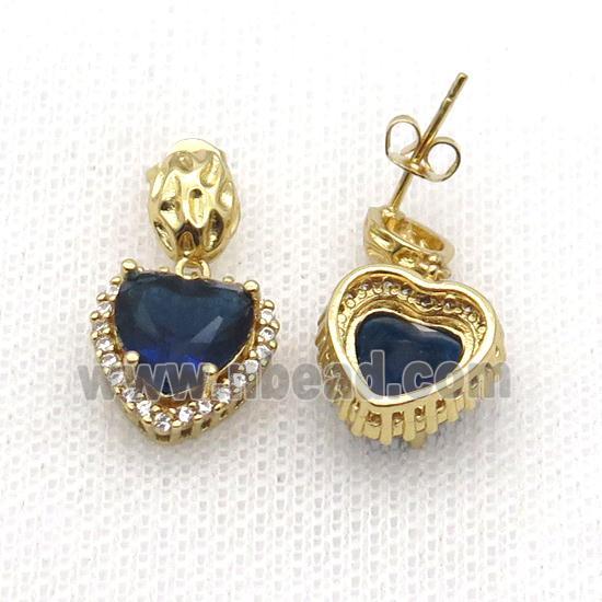 Copper Stud Earring Pave Zircon Blue Crystal Heart Gold Plated