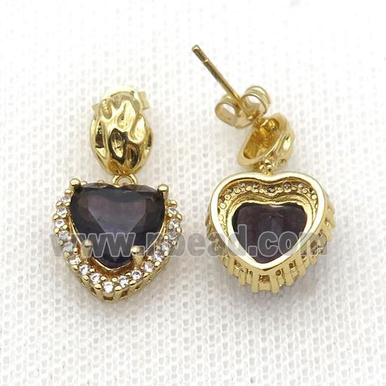 Copper Stud Earring Pave Zircon Purple Crystal Heart Gold Plated