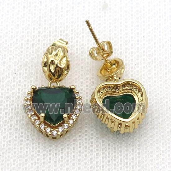 Copper Stud Earring Pave Zircon Green Crystal Heart Gold Plated