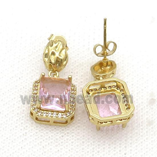 Copper Stud Earring Pave Zircon Pink Crystal Rectangle Gold Plated