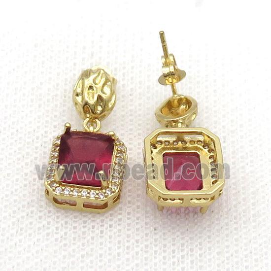 Copper Stud Earring Pave Zircon Red Crystal Rectangle Gold Plated