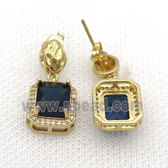 Copper Stud Earring Pave Zircon Blue Crystal Rectangle Gold Plated