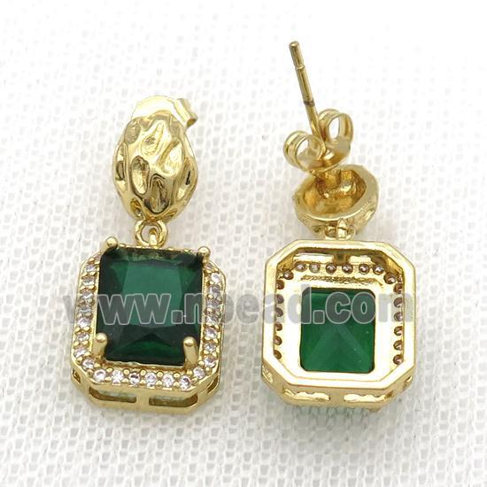 Copper Stud Earring Pave Zircon Green Crystal Rectangle Gold Plated