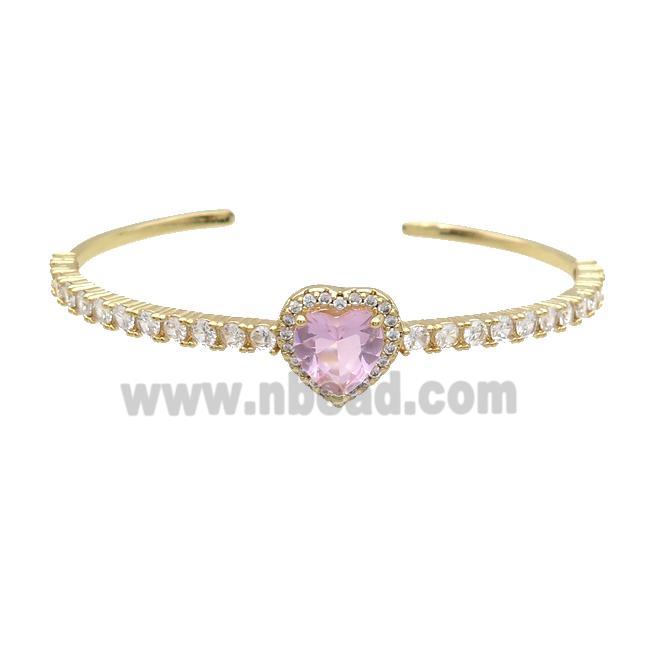 Copper Heart Bangle Pave Zircon Pink Crystal Gold Plated