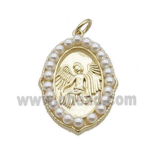 Copper Angel Pendant With Pearlized Glass Oval Gold Plated