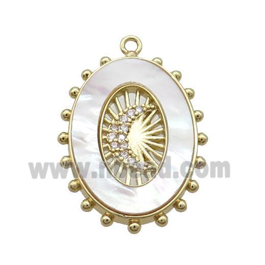 Copper Oval Pendant Pave Zircon White Shell Moon Gold Plated