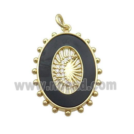Copper Oval Pendant Pave Zircon Black Agate Moon Gold Plated