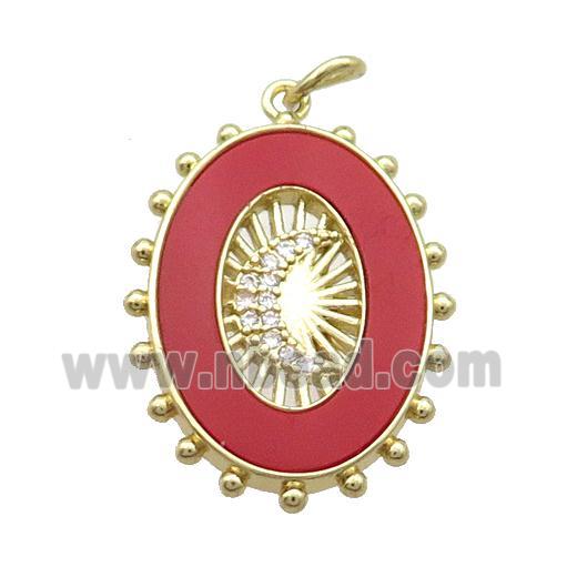 Copper Oval Pendant Pave Zircon Red Agate Moon Gold Plated