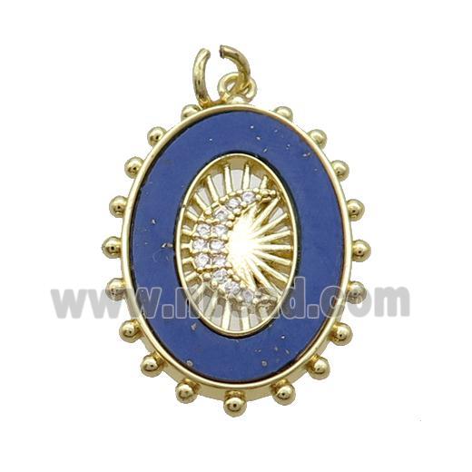 Copper Oval Pendant Pave Zircon Blue Lapis Moon Gold Plated