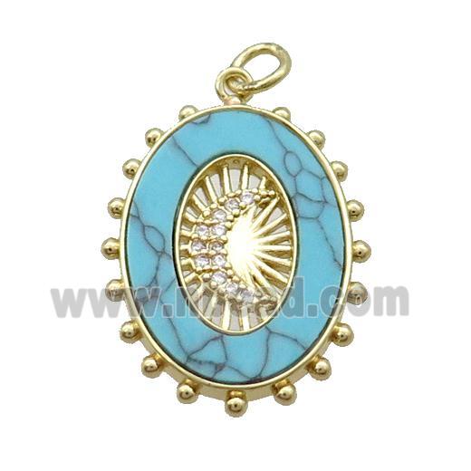 Copper Oval Pendant Pave Zircon Blue Turquoise Moon Gold Plated