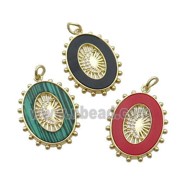 Copper Oval Pendant Pave Zircon Gemstone Moon Gold Plated Mixed