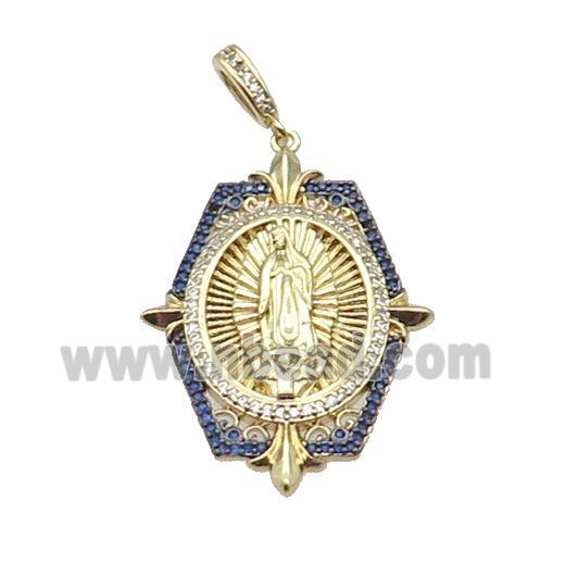 Copper Jesus Pendant Pave Blue Zircon Religious Gold Plated