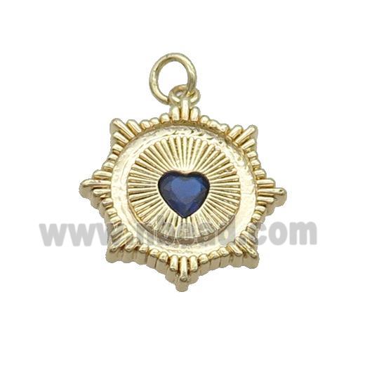 Copper Sun Pendant Pave Blue Crystal Heart Gold Plated