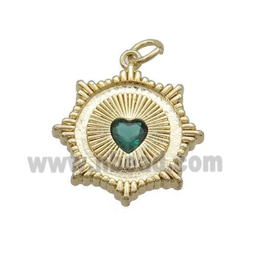 Copper Sun Pendant Pave Green Crystal Heart Gold Plated