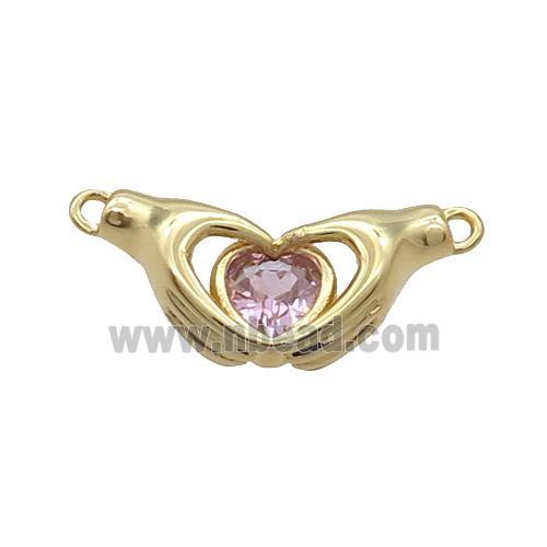 Copper Hand Heart Pendant Pave Pink Crystal 2loops Gold Plated