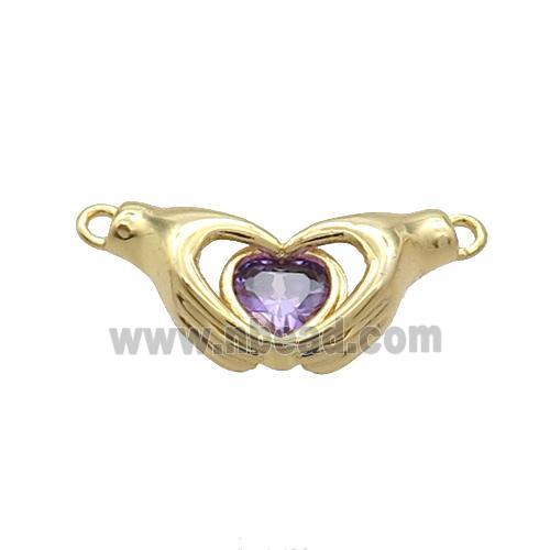 Copper Hand Heart Pendant Pave Purple Crystal 2loops Gold Plated