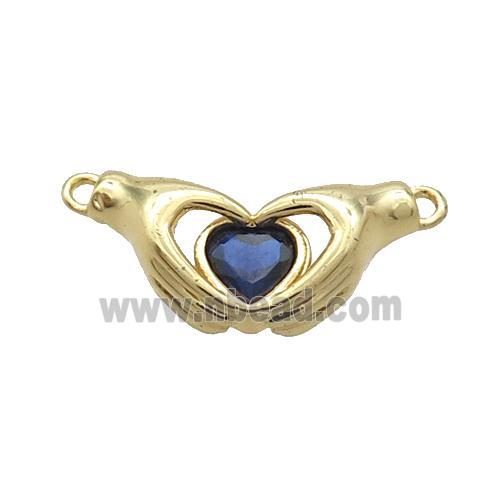 Copper Hand Heart Pendant Pave Blue Crystal 2loops Gold Plated