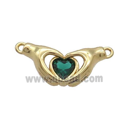 Copper Hand Heart Pendant Pave Green Crystal 2loops Gold Plated