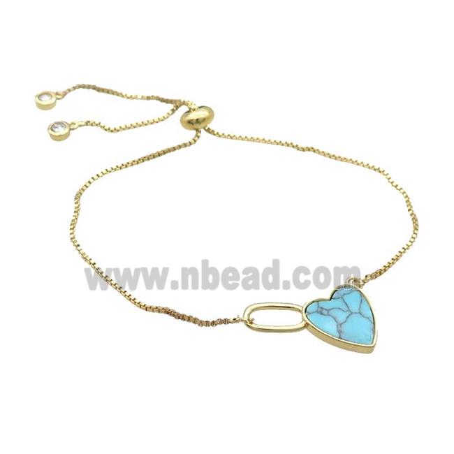Copper Bracelet Blue Turquoise Heart Adjustable Gold Plated