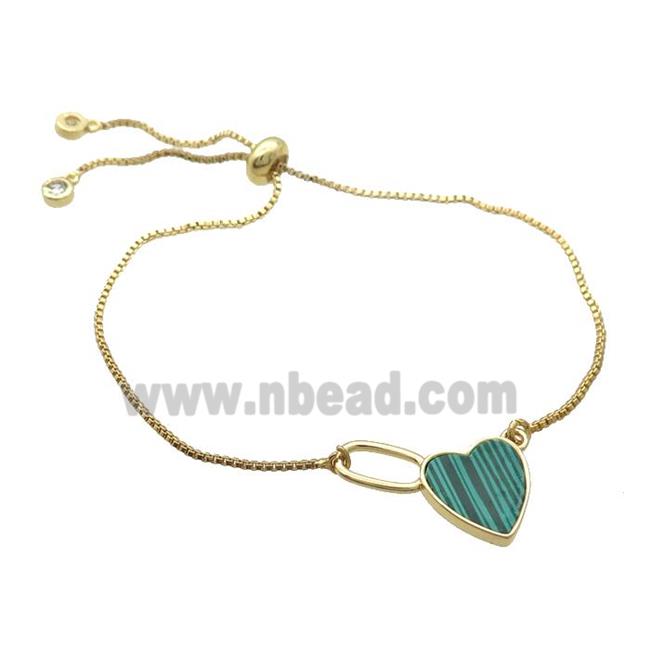 Copper Bracelet Green Malachite Heart Adjustable Gold Plated