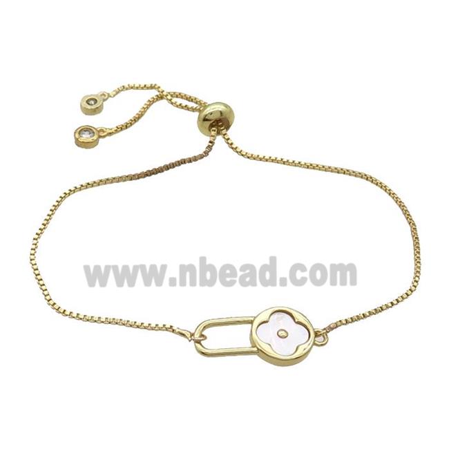 Copper Bracelet White Shell Clover Adjustable Gold Plated