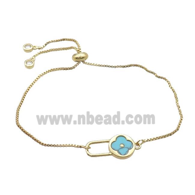 Copper Bracelet Blue Turquoise Clover Adjustable Gold Plated