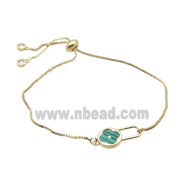Copper Bracelet Green Malachite Clover Adjustable Gold Plated