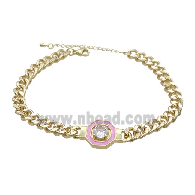 Copper Bracelet Pave Crystal Pink Enamel Gold Plated