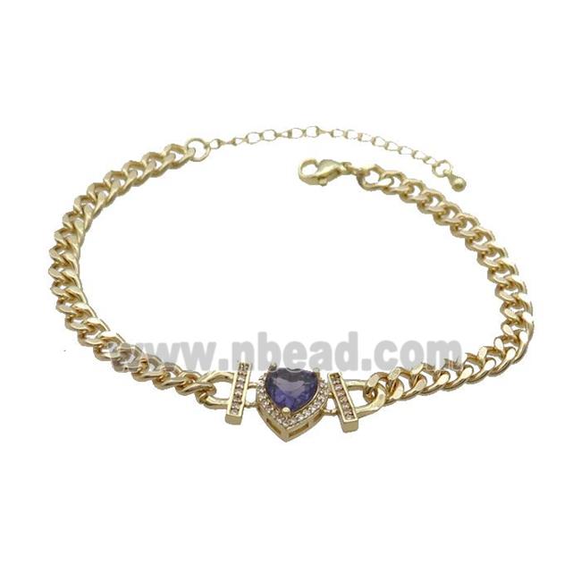 Copper Bracelet Pave Purple Crystal Heart Gold Plated