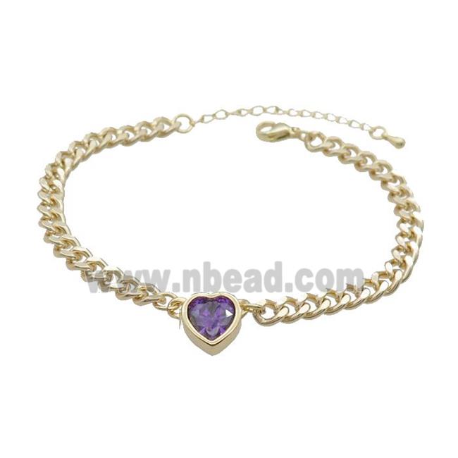 Copper Bracelet Pave Purple Crystal Heart Gold Plated