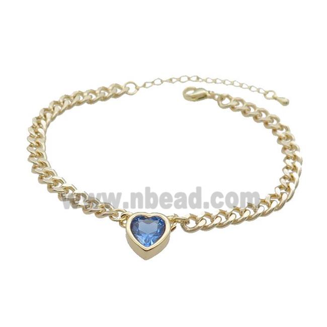 Copper Bracelet Pave Blue Crystal Heart Gold Plated