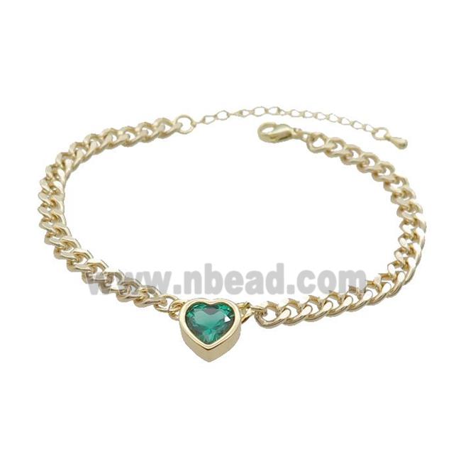 Copper Bracelet Pave Green Crystal Heart Gold Plated