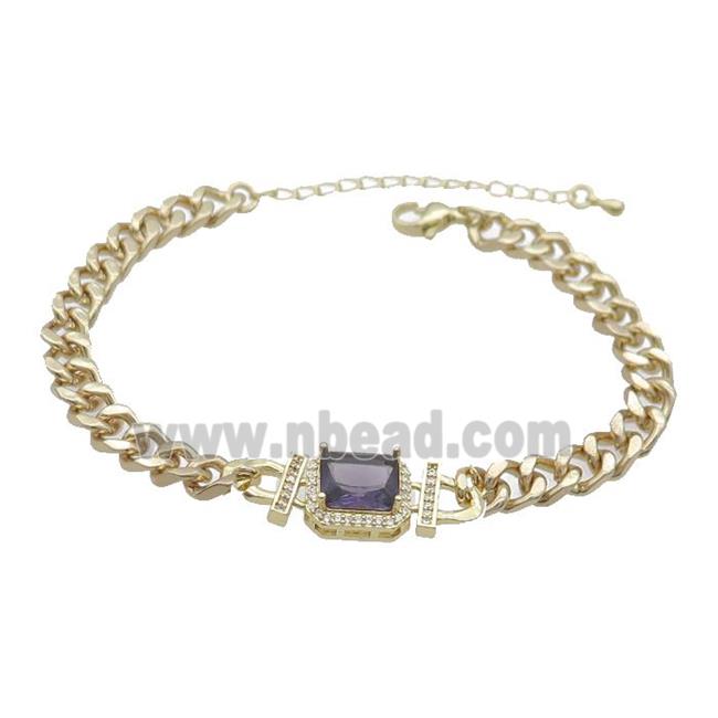 Copper Bracelet Pave Purple Crystal Rectangle Gold Plated