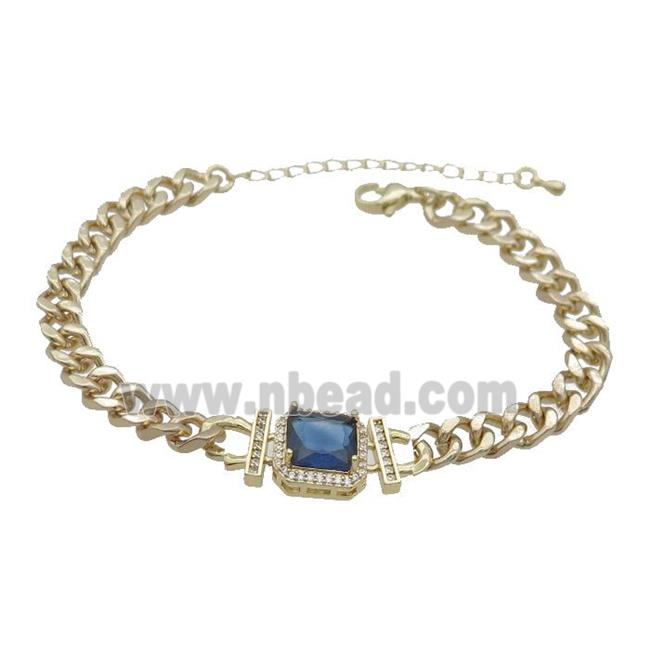 Copper Bracelet Pave Blue Crystal Rectangle Gold Plated