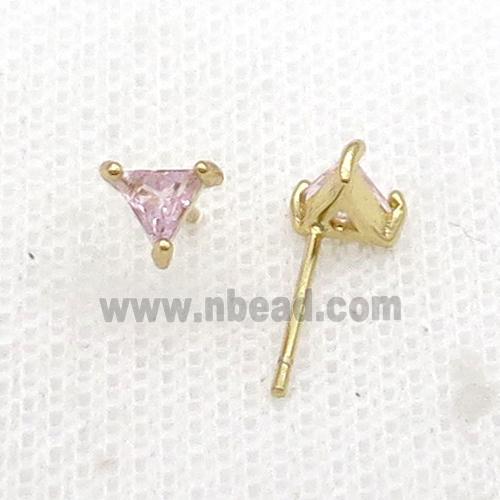 Copper Stud Earring Pave Zircon Pink Crystal Triangle Gold Plated