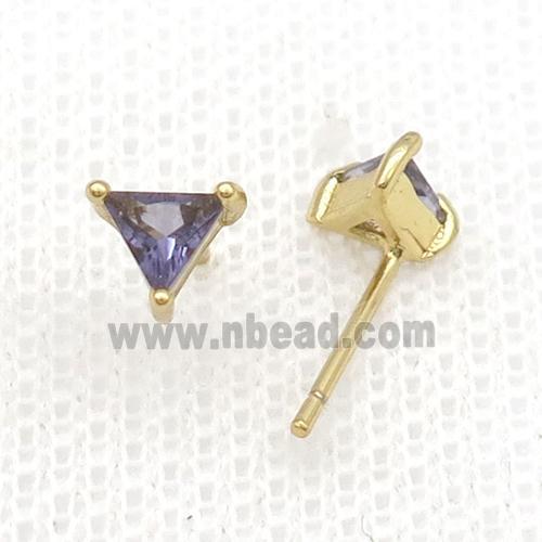 Copper Stud Earring Pave Zircon Purple Crystal Triangle Gold Plated