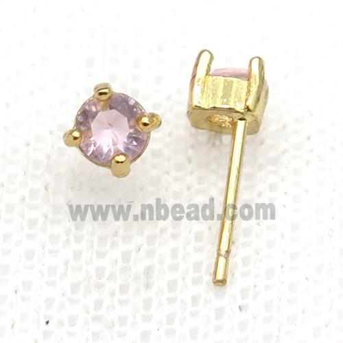 Copper Stud Earring Pave Zircon Pink Crystal Gold Plated