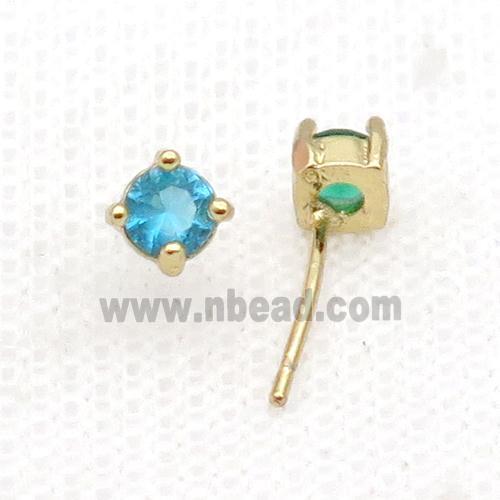 Copper Stud Earring Pave Zircon Aqua Crystal Gold Plated