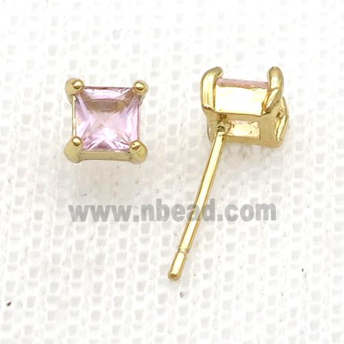 Copper Stud Earring Pave Zircon Pink Crystal Square Gold Plated