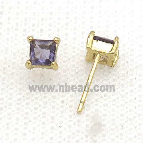 Copper Stud Earring Pave Zircon Purple Crystal Square Gold Plated