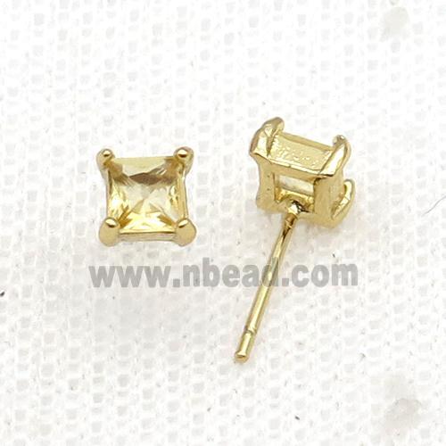 Copper Stud Earring Pave Zircon Yellow Crystal Square Gold Plated