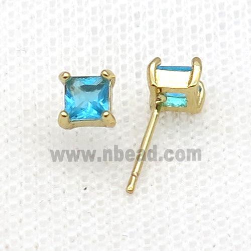 Copper Stud Earring Pave Zircon Aqua Crystal Square Gold Plated