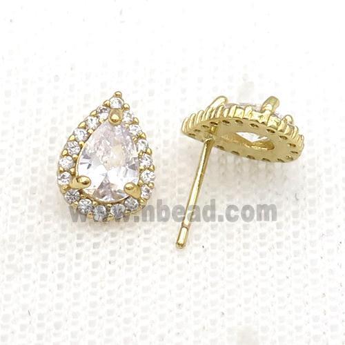 Copper Stud Earring Pave Zircon Clear Crystal Teardrop Gold Plated