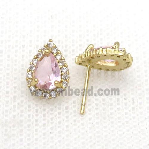 Copper Stud Earring Pave Zircon Pink Crystal Teardrop Gold Plated