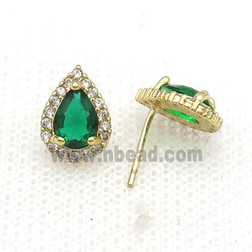 Copper Stud Earring Pave Zircon Green Crystal Teardrop Gold Plated